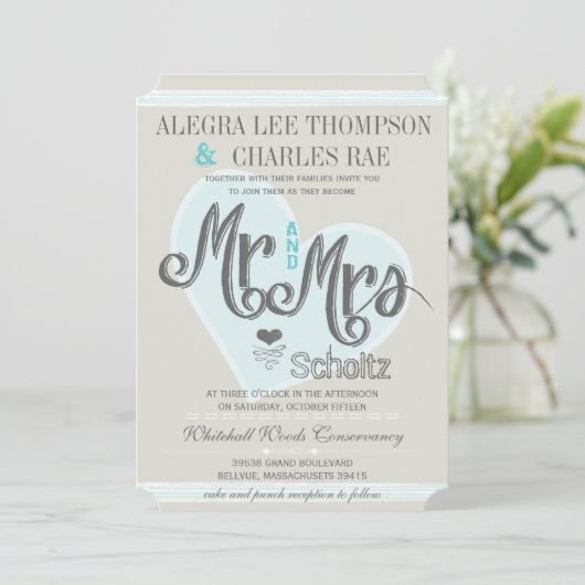 Retro Blue Mint Mr en Mrs Typography Wedding Kaart (Staand voorkant)