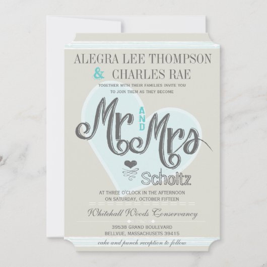 Retro Blue Mint Mr en Mrs Typography Wedding Kaart (Voorkant)