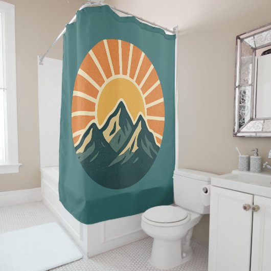 Retro Blue Mountain Sunrise | Outdoor Nature Teal Douchegordijn (In situ)