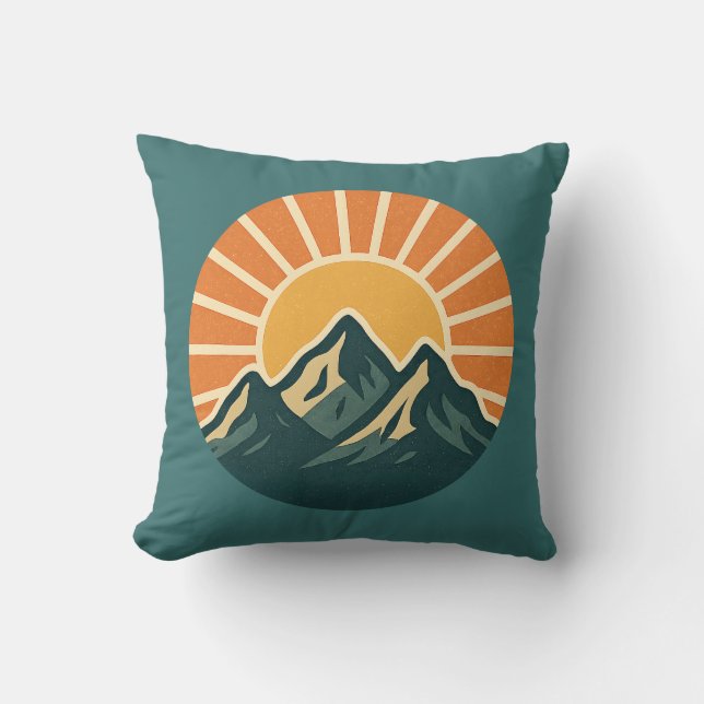 Retro Blue Mountain Sunrise | Outdoor Nature Teal Kussen (Voorkant)