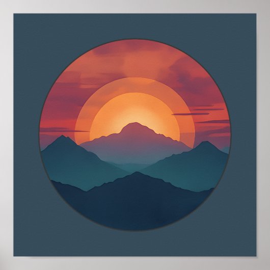 Retro Blue Mountain Sunset | Nature Watercolor Art Poster (Voorkant)