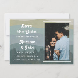 Retro Blue Mountains & Forest Foto Bruiloft Save The Date