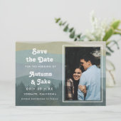 Retro Blue Mountains & Forest Photo Wedding Save The Date (Staand voorkant)