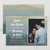 Retro Blue Mountains & Forest Photo Wedding Save The Date (Voorkant / Achterkant)