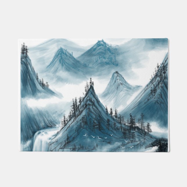 Retro Blue Mountains Landschapsschilderij Deurmat (Voorkant)