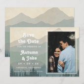 Retro Blue Mountains Photo Wedding Save The Date (Voorkant / Achterkant)