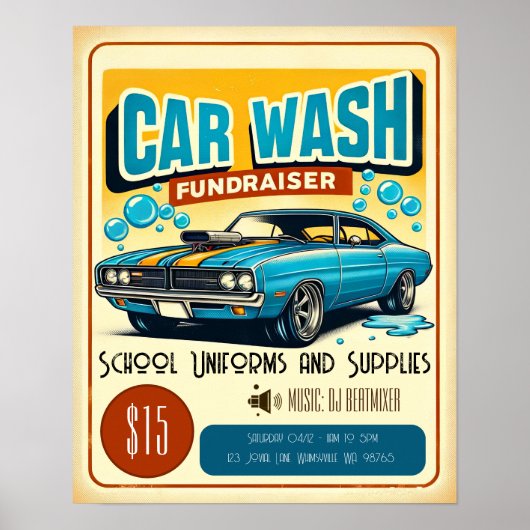 Retro Blue Muscle Car Wash Fundraiser Poster (Voorkant)