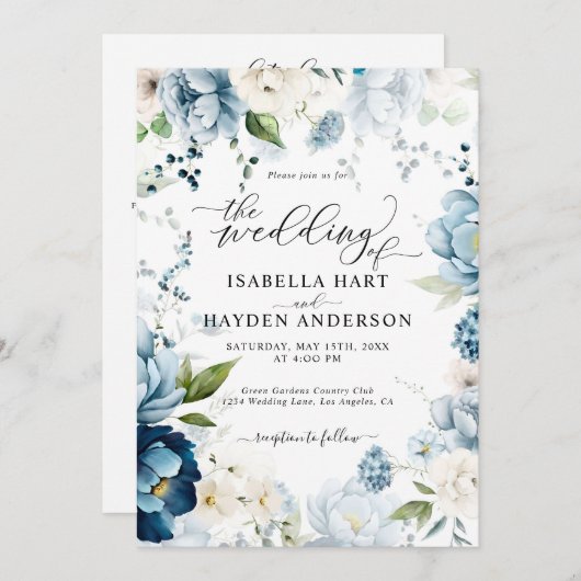 Retro Blue Navy Cream Alles in 1 QR Code Huwelijk Kaart (Voorkant / Achterkant)