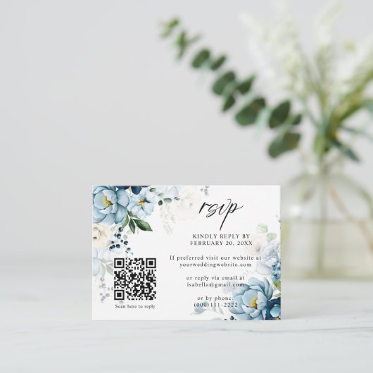 Retro Blue Navy Cream Floral QR Code Huwelijk RSVP Informatiekaartje (Staand voorkant)