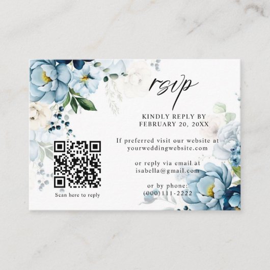 Retro Blue Navy Cream Floral QR Code Huwelijk RSVP Informatiekaartje (Voorkant)