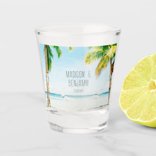 Retro Blue Ocean Beach Palmbomen Tropische bruilof Shot Glas (Voorkant)