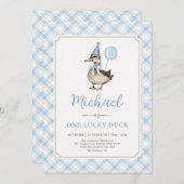 Retro Blue One Lucky Duck Balloon 1e verjaardag Kaart (Voorkant / Achterkant)