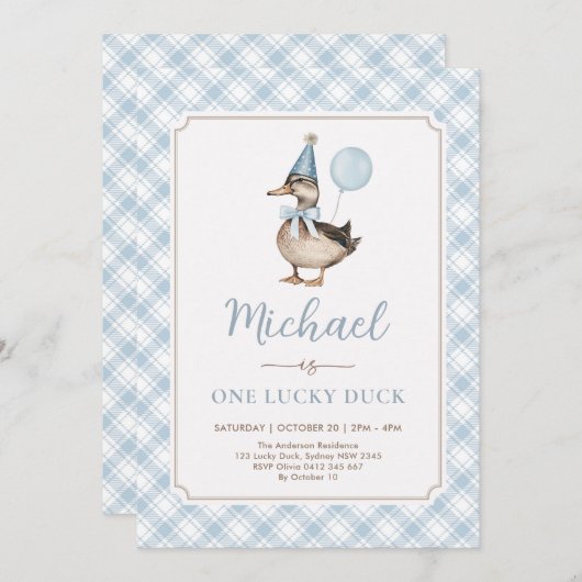 Retro Blue One Lucky Duck Balloon 1e verjaardag Kaart (Voorkant / Achterkant)