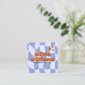Retro Blue Orange Bold Groovy Checkered Trendy Fun Vierkante Visitekaartje (Staand voorkant)