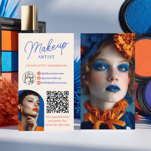 Retro Blue Orange Makeup Artist 2 Photos Qr Code Visitekaartje
