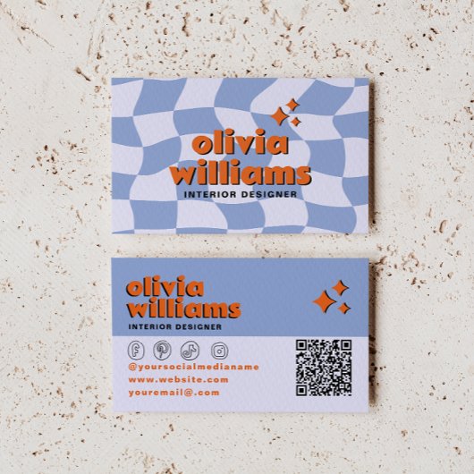 Retro Blue Orange QR Code Groovy Checkered Unique Visitekaartje