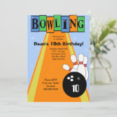 Retro Blue & Oranje Birthday Bowling Party nodigt  Kaart (Staand voorkant)