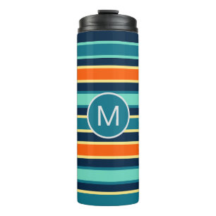 Retro Blue Oranje Custom Color Striped Monogram Thermosbeker