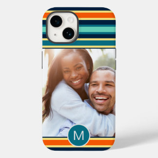 Retro Blue Oranje Striped Monogram Aangepaste foto Case-Mate iPhone 14 Hoesje