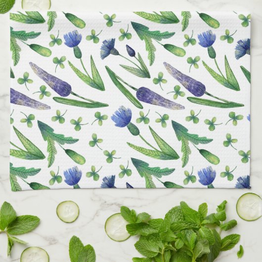 Retro Blue Paars Green Waterverf Floral Theedoek (Gevouwen)