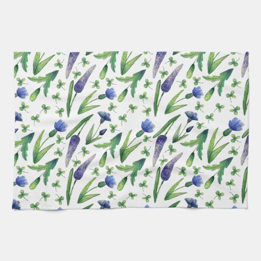 Retro Blue Paars Green Waterverf Floral Theedoek (Horizontaal)