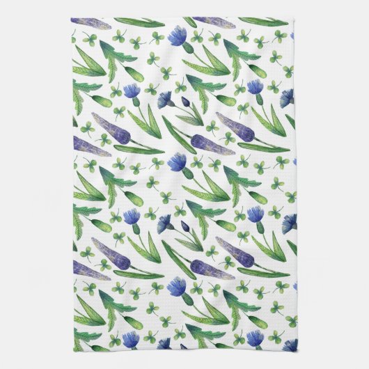 Retro Blue Paars Green Waterverf Floral Theedoek (Verticaal)