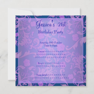 Retro Blue Paars Metallic Floral 21st Birthday 1 Kaart
