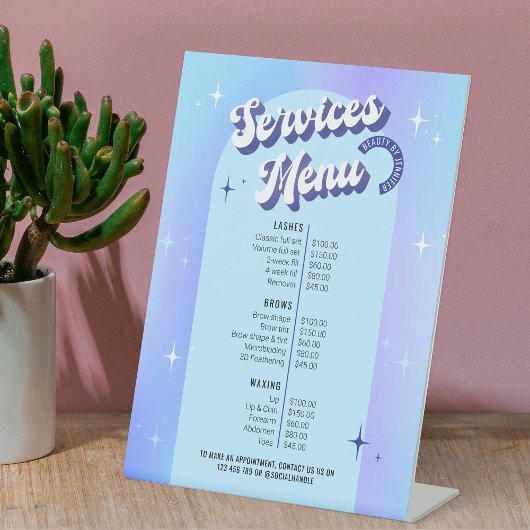 Retro Blue Paarse make-up Salon Spa Prijzen Menu Reclamebord Met Voetstuk