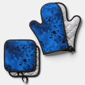Retro Blue Paint Splatter Ovenwant & Pannenlap Set (Voorkant / Achterkant)