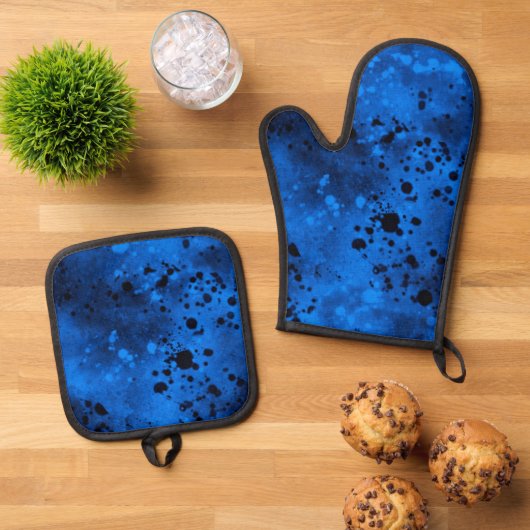 Retro Blue Paint Splatter Ovenwant & Pannenlap Set (Top down)