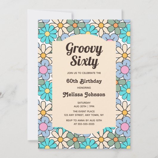 Retro Blue Peach Floral Groovy 60e verjaardag Kaart (Voorkant)