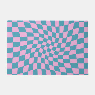 Retro Blue Pink Afgevuurde Checkerboard gecontrole Deurmat
