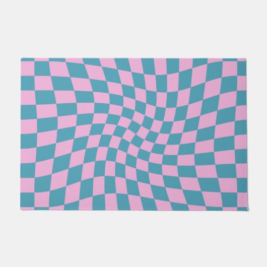 Retro Blue Pink Afgevuurde Checkerboard gecontrole Deurmat (Voorkant)