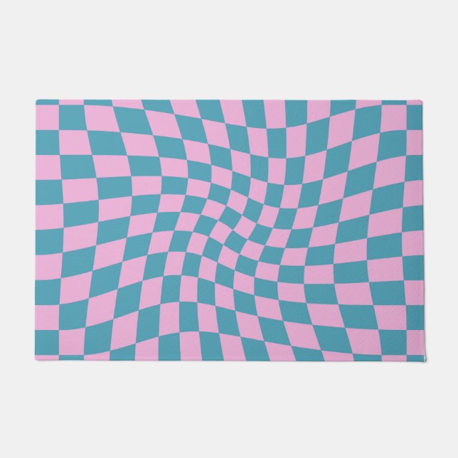 Retro Blue Pink Afgevuurde Checkerboard gecontrole Deurmat (Voorkant)