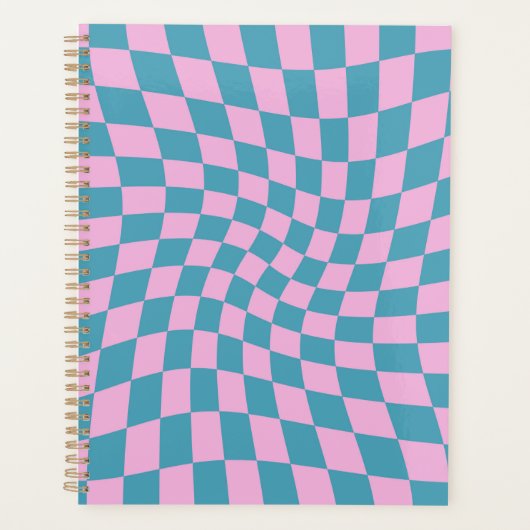 Retro Blue Pink Afgevuurde Checkerboard gecontrole Planner (Voorkant)
