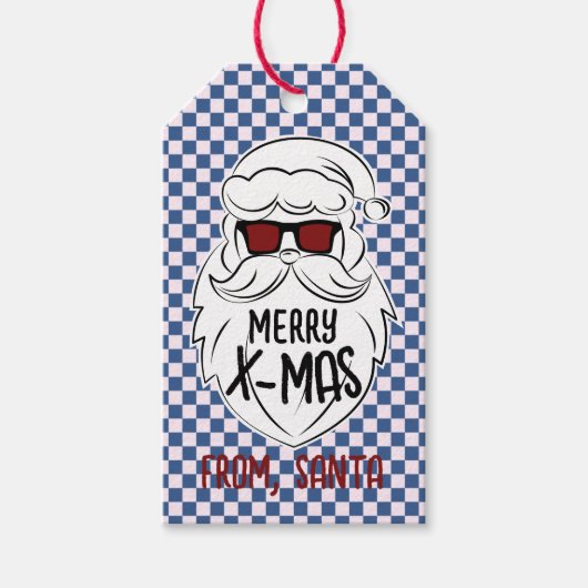 Retro Blue Pink Checkered Santa Claus Christmas  Cadeaulabel (Voorkant)