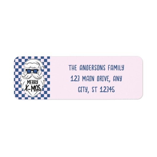 Retro Blue Pink Checkered Santa Claus Christmas Etiket (Voorkant)