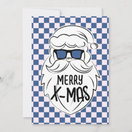 Retro Blue Pink Checkered Santa Claus Christmas  Feestdagenkaart