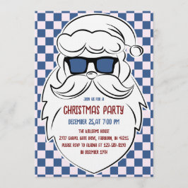 Retro Blue & Pink Checkered Santa Claus Christmas Kaart