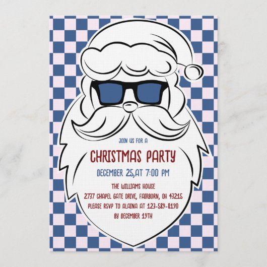 Retro Blue & Pink Checkered Santa Claus Christmas Kaart (Voorkant)