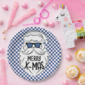 Retro Blue Pink Checkered Santa Claus Christmas Papieren Bordje (Feest)