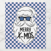 Retro Blue Pink Checkered Santa Claus Christmas Wijn Etiket (Enkel label)