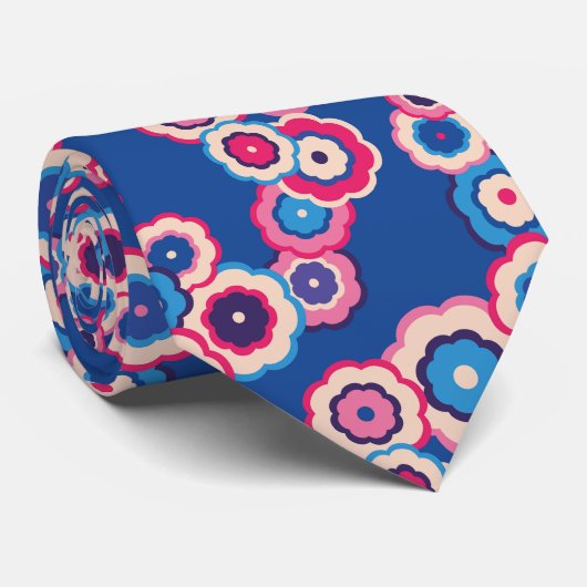 Retro Blue Pink Floral 60s patroon Stropdas (Opgerold)