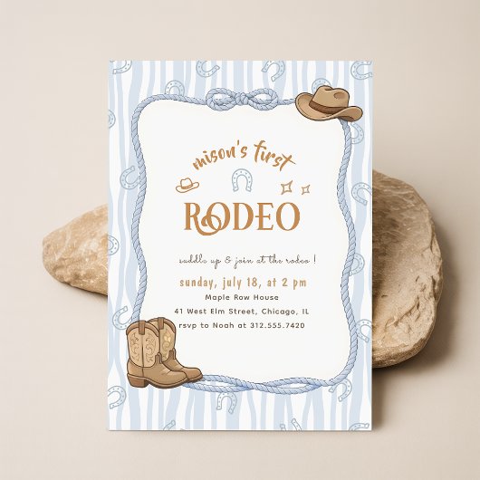 Retro Blue Plaid Cowboy First Rodeo 1st Birthday Kaart