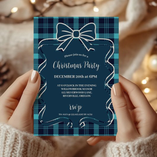 Retro Blue Plaid Whimsical Christmas  Kaart