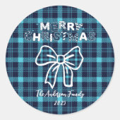 Retro Blue Plaid Whimsical Christmas  Ronde Sticker (Voorkant)
