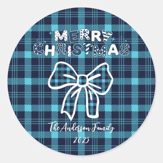 Retro Blue Plaid Whimsical Christmas  Ronde Sticker (Voorkant)