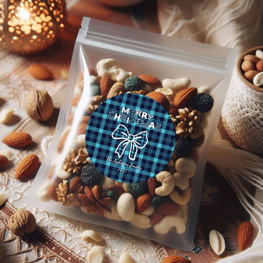 Retro Blue Plaid Whimsical Christmas  Ronde Sticker