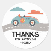 Retro Blue Race Auto Verjaardagsfeest Voordeel Ronde Sticker (Voorkant)