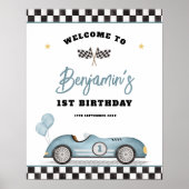 Retro Blue Race Car Fast One Birthday Welkom Poster (Voorkant)